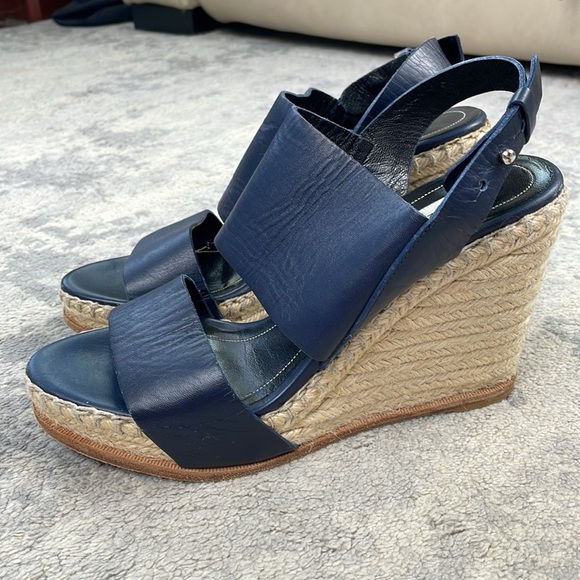 Balenciaga Navy Blue Leather Espadrille Wedge Sandals Sz 39 - Picture 5 of 16